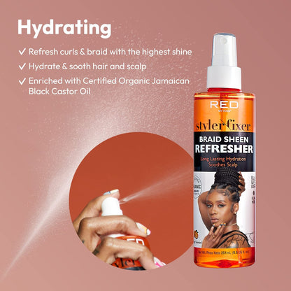Red by Kiss Braid Sheen Refresher Spray - Long Lasting Hydration for Curls & Braids, Highest Shine, Soothes Scalp, Nourishes Dry Hair, Enriched with Organic Jamaican Black Castor Oil - 8.5 Fl Oz Avelisse