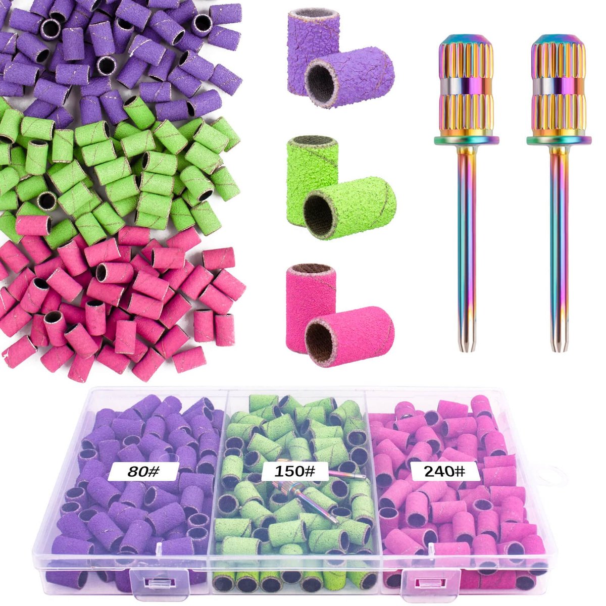 Rolybag 210-Piece Sanding Bands for Nail Drill – 80/150/240 Grit, Color-Coded, with 2 Mandrel Bits & Portable Storage Box - görsel 1