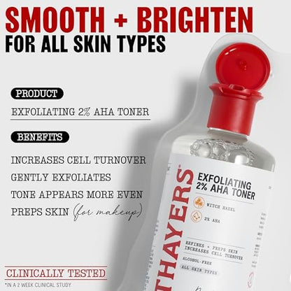 Thayers 2% AHA Exfoliating and Brightening Toner with Glycolic Acid, Lactic Acid and Witch Hazel - Smoothing and Pore Refining Skin Care for All Skin Types, 12 Fl Oz