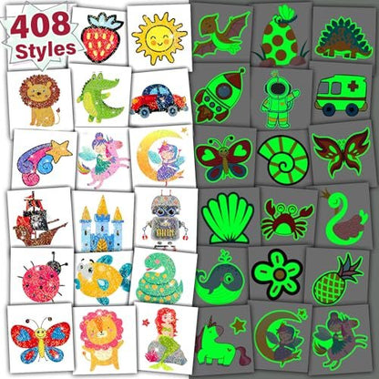 Partywind 408 PCS Temporary Tattoos for Kids - Glow & Glitter Fake Tattoo Stickers, Party Favors, Goodie Bag Stuffers (Individually Wrapped Sheets)