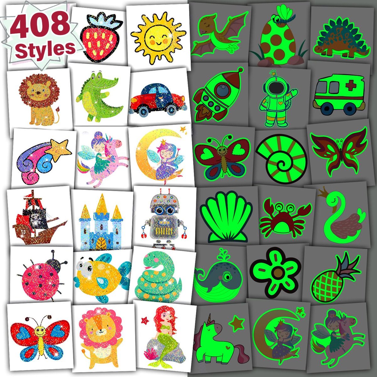 Partywind 408 PCS Temporary Tattoos for Kids - Glow & Glitter Fake Tattoo Stickers, Party Favors, Goodie Bag Stuffers (Individually Wrapped Sheets) - görsel 1