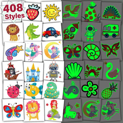 Partywind 408 PCS Temporary Tattoos for Kids - Glow & Glitter Fake Tattoo Stickers, Party Favors, Goodie Bag Stuffers (Individually Wrapped Sheets)