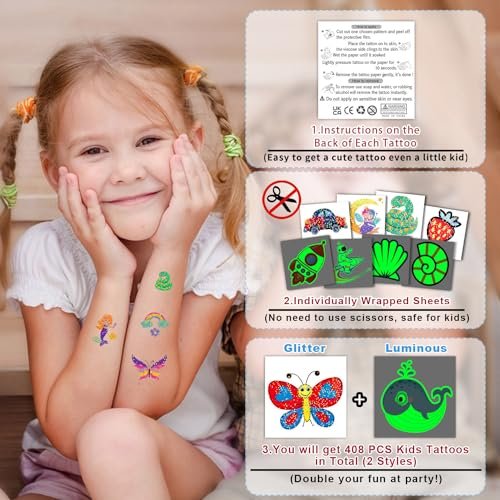 Partywind 408 PCS Temporary Tattoos for Kids - Glow & Glitter Fake Tattoo Stickers, Party Favors, Goodie Bag Stuffers (Individually Wrapped Sheets) - görsel 4