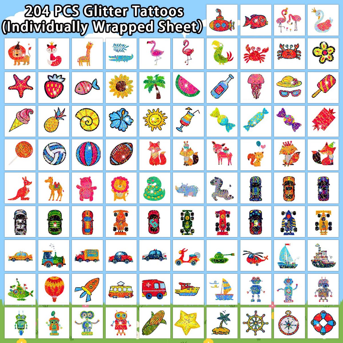 Partywind 408 PCS Temporary Tattoos for Kids - Glow & Glitter Fake Tattoo Stickers, Party Favors, Goodie Bag Stuffers (Individually Wrapped Sheets) - görsel 9