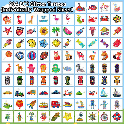 Partywind 408 PCS Temporary Tattoos for Kids - Glow & Glitter Fake Tattoo Stickers, Party Favors, Goodie Bag Stuffers (Individually Wrapped Sheets)