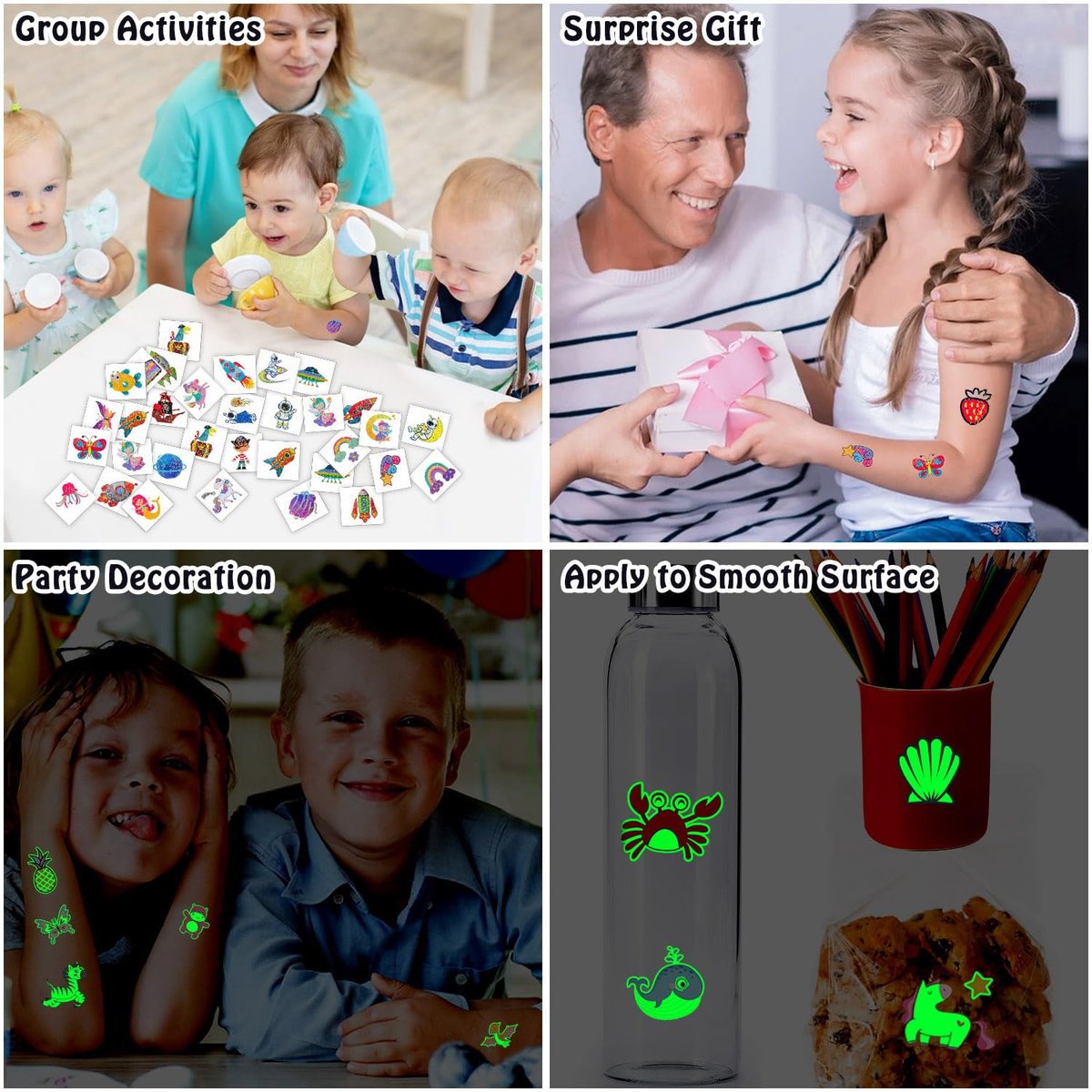 Partywind 408 PCS Temporary Tattoos for Kids - Glow & Glitter Fake Tattoo Stickers, Party Favors, Goodie Bag Stuffers (Individually Wrapped Sheets) - görsel 13