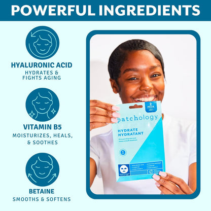 Patchology Hydrate FlashMasque Facial Sheet Mask with Hyaluronic Acid – Moisturizing Face Mask for Men & Women – Hydrate Skin in 5 Minutes – 2 Count