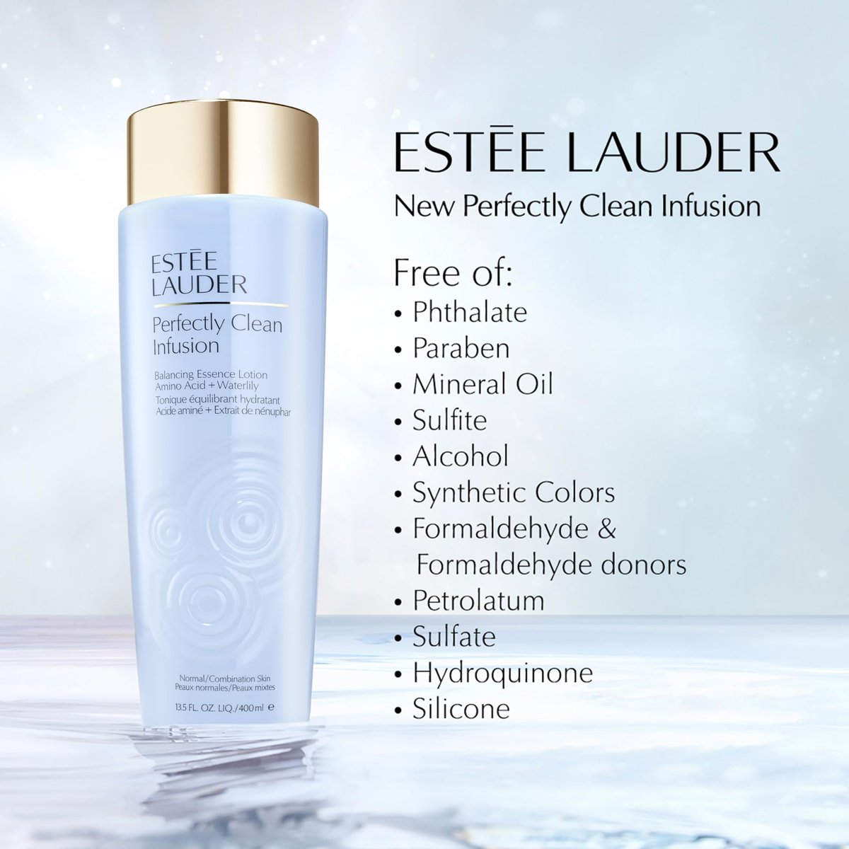 Estée Lauder Perfectly Clean Infusion Balancing Skin Essence Face Lotion Toner with Amino Acid + Waterlily, 13.5 Fl Oz Avelisse