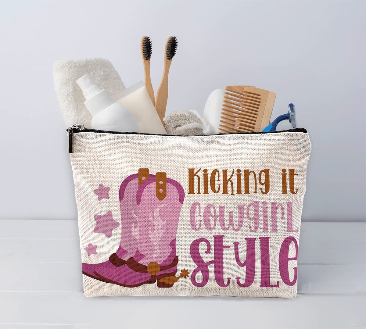Sufamb Kicking It Cowgirl Style Hot Pink Boot Makeup Bag - Western Cosmetic Pouch for Women, Christmas Gift for Teens - görsel 3