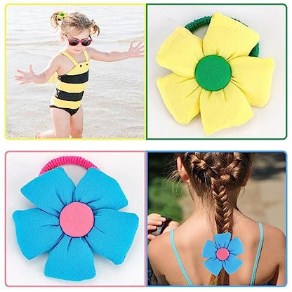 12 Pairs Cute Big Flower Kawaii Hair Ties for Toddlers - Colorful Cotton Hair Elastics in Pink, Purple, Orange, Blue, Green, Yellow