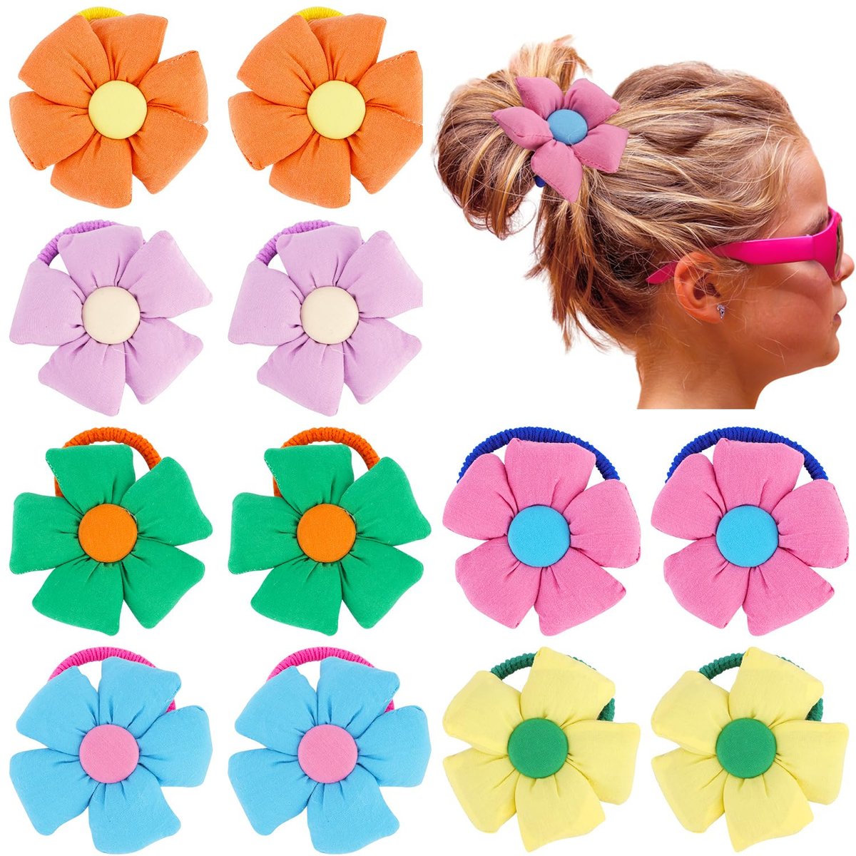 12 Pairs Cute Big Flower Kawaii Hair Ties for Toddlers - Colorful Cotton Hair Elastics in Pink, Purple, Orange, Blue, Green, Yellow - görsel 1