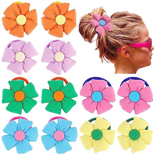 12 Pairs Cute Big Flower Kawaii Hair Ties for Toddlers - Colorful Cotton Hair Elastics in Pink, Purple, Orange, Blue, Green, Yellow - görsel 2