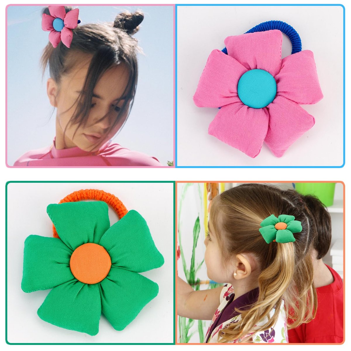 12 Pairs Cute Big Flower Kawaii Hair Ties for Toddlers - Colorful Cotton Hair Elastics in Pink, Purple, Orange, Blue, Green, Yellow - görsel 3