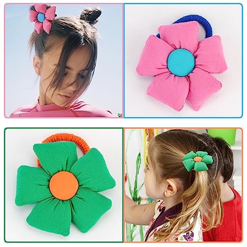 12 Pairs Cute Big Flower Kawaii Hair Ties for Toddlers - Colorful Cotton Hair Elastics in Pink, Purple, Orange, Blue, Green, Yellow - görsel 4