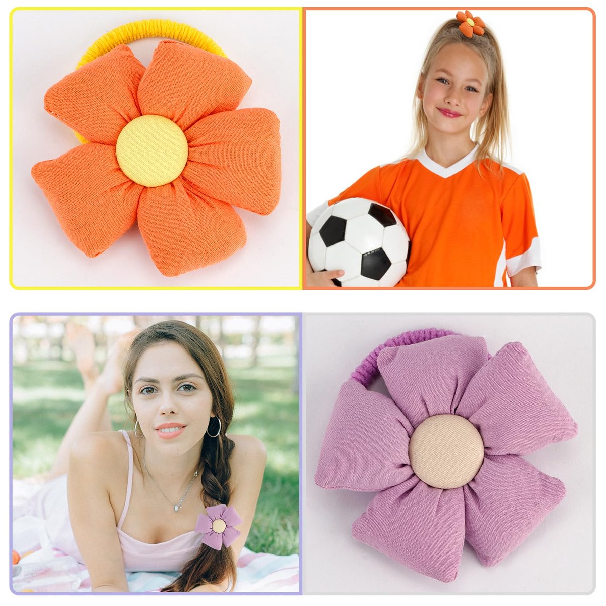 12 Pairs Cute Big Flower Kawaii Hair Ties for Toddlers - Colorful Cotton Hair Elastics in Pink, Purple, Orange, Blue, Green, Yellow - görsel 5