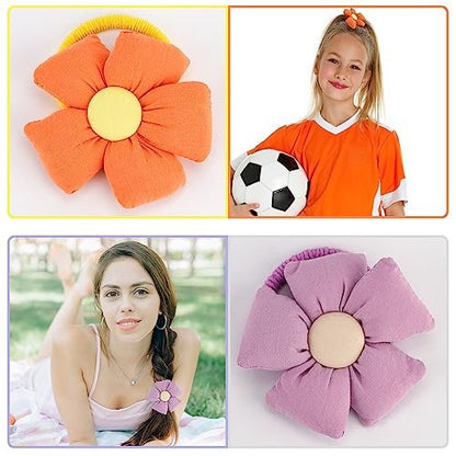 12 Pairs Cute Big Flower Kawaii Hair Ties for Toddlers - Colorful Cotton Hair Elastics in Pink, Purple, Orange, Blue, Green, Yellow