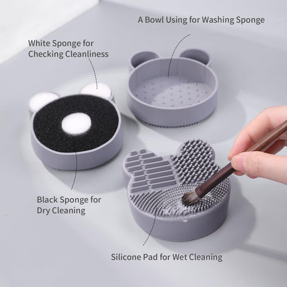 MSQ 2-in-1 Silicone Makeup Brush Cleaning Mat with Color Removal Sponge – Dry & Wet Brush Cleaner for Shadow Removal (White)