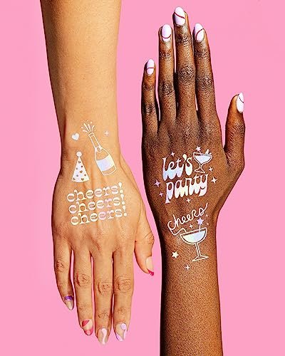 xo, Fetti Cheers Party Temporary Tattoos – 52 Iridescent Styles for Bachelorette Party Supplies, Birthday Party Favors, Disco Party Girl, Cheers Decorations