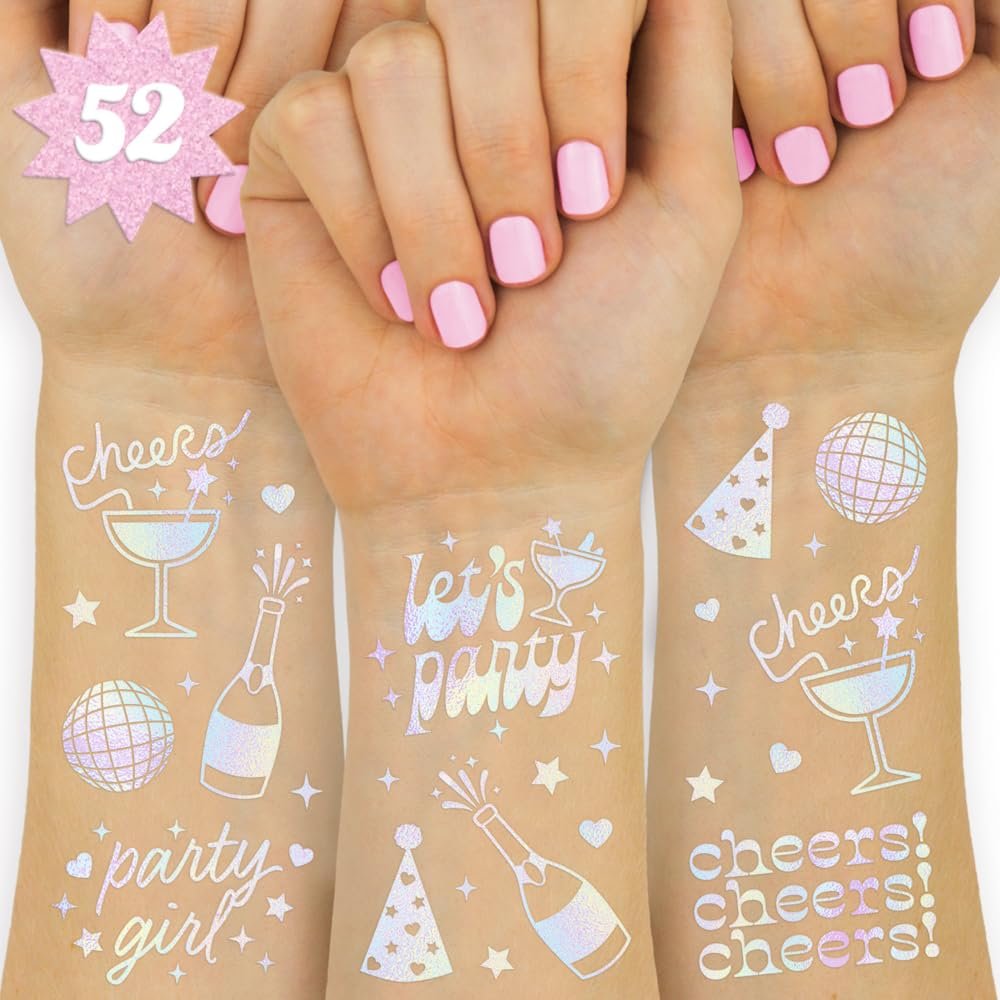 xo, Fetti Cheers Party Temporary Tattoos – 52 Iridescent Styles for Bachelorette Party Supplies, Birthday Party Favors, Disco Party Girl, Cheers Decorations - görsel 1