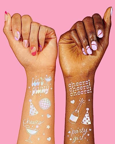 xo, Fetti Cheers Party Temporary Tattoos – 52 Iridescent Styles for Bachelorette Party Supplies, Birthday Party Favors, Disco Party Girl, Cheers Decorations - görsel 6