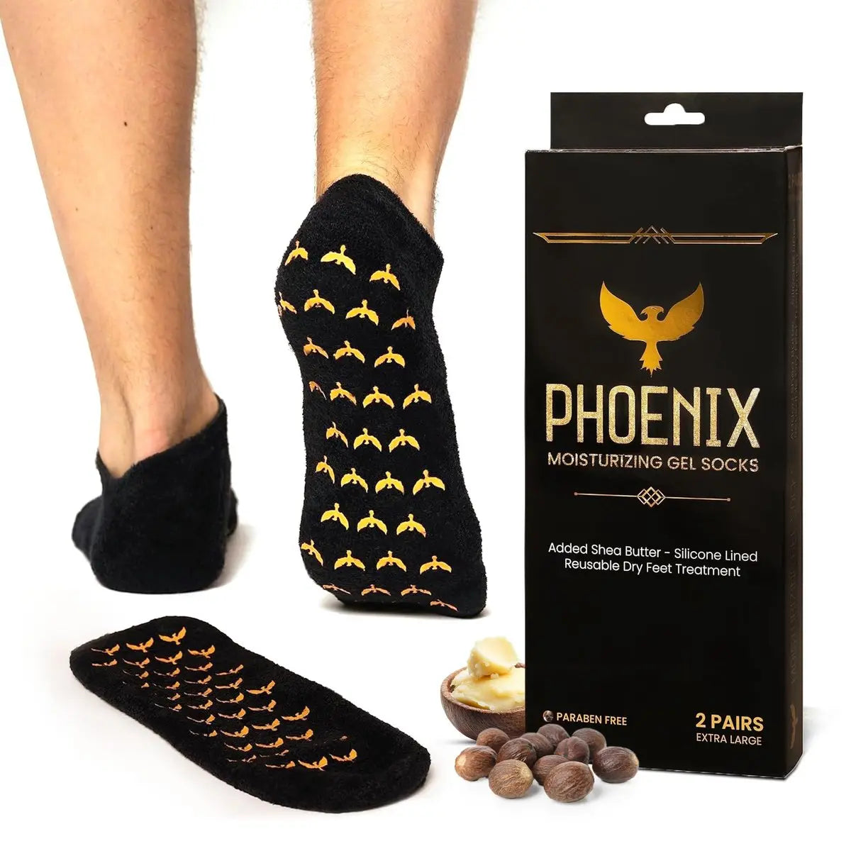 Phoenix Foot Peel Moisturizing Gel Socks for Men - Extra Large 2 Pairs - Silicone Heel Socks, Cracked Heel Treatment, Reusable Spa Socks with Shea Butter for Dry Skin & Foot Care Avelisse