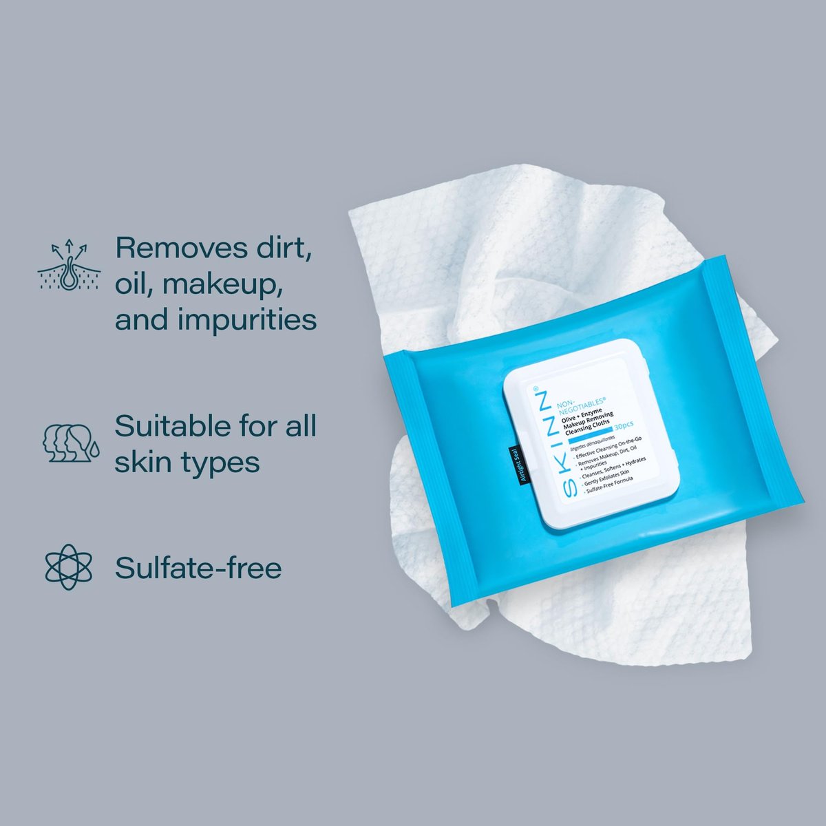 SKINN Hydrating Facial Cleansing Makeup Remover Wipes - 30 Count | Gentle Exfoliating Face Towelettes for Waterproof Mascara & Dirt Avelisse