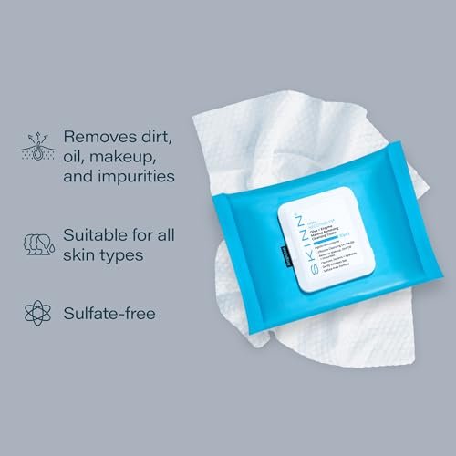 SKINN Hydrating Facial Cleansing Makeup Remover Wipes - 30 Count | Gentle Exfoliating Face Towelettes for Waterproof Mascara & Dirt Avelisse
