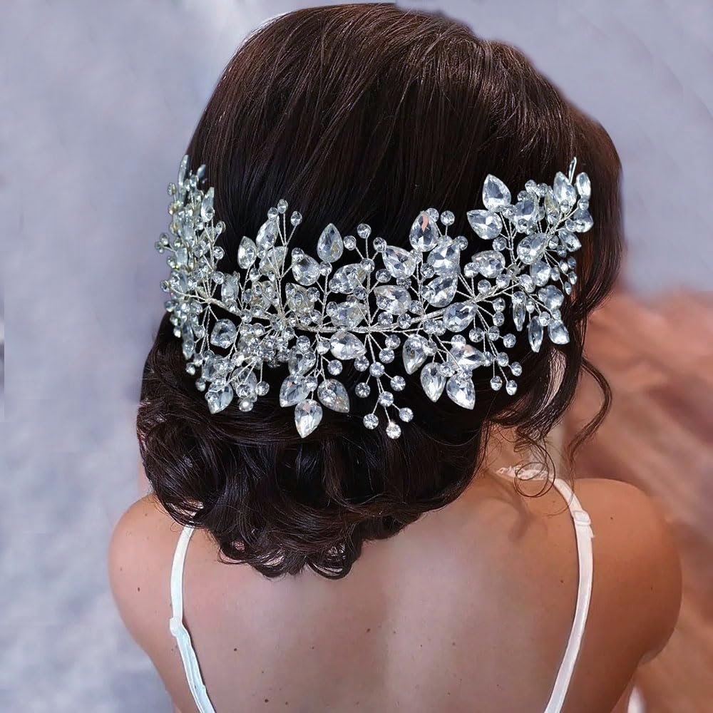 WONRLUA Silver Rhinestone Wedding Headband for Bride - Elegant Bridal Hair Accessories Avelisse