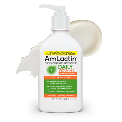 AmLactin Daily Vitamin C Lotion – Brightening Body Lotion for Dry Skin, No-Scrub Exfoliator with 7% Lactic Acid AHA and Vitamin C, 7.9 oz