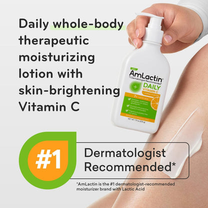 AmLactin Daily Vitamin C Lotion – Brightening Body Lotion for Dry Skin, No-Scrub Exfoliator with 7% Lactic Acid AHA and Vitamin C, 7.9 oz
