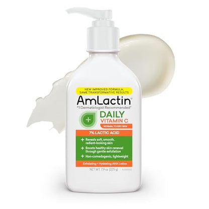 AmLactin Daily Vitamin C Lotion – Brightening Body Lotion for Dry Skin, No-Scrub Exfoliator with 7% Lactic Acid AHA and Vitamin C, 7.9 oz