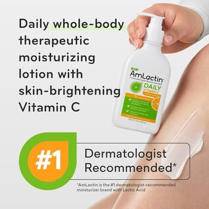 AmLactin Daily Vitamin C Lotion – Brightening Body Lotion for Dry Skin, No-Scrub Exfoliator with 7% Lactic Acid AHA and Vitamin C, 7.9 oz