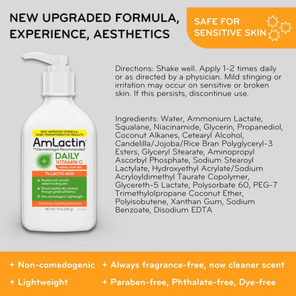 AmLactin Daily Vitamin C Lotion – Brightening Body Lotion for Dry Skin, No-Scrub Exfoliator with 7% Lactic Acid AHA and Vitamin C, 7.9 oz