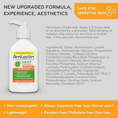 AmLactin Daily Vitamin C Lotion – Brightening Body Lotion for Dry Skin, No-Scrub Exfoliator with 7% Lactic Acid AHA and Vitamin C, 7.9 oz