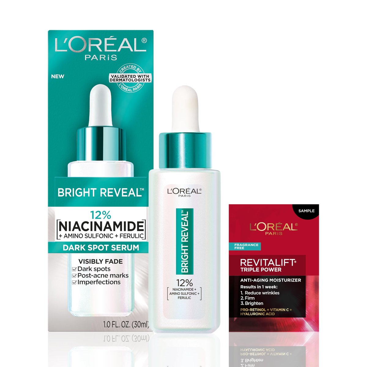 L'Oréal Paris Bright Reveal 12% Niacinamide + Amino Sulfonic + Ferulic Dark Spot Serum, 1 oz with Moisturizer Sample Avelisse