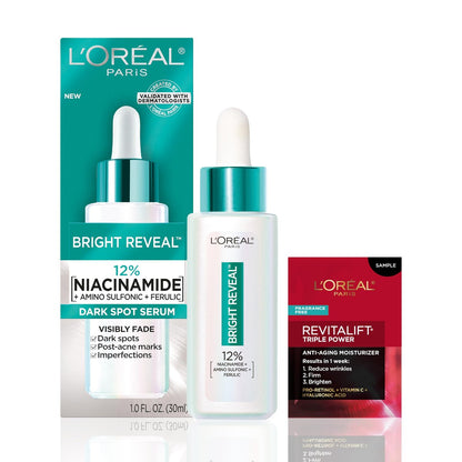 L'Oréal Paris Bright Reveal 12% Niacinamide + Amino Sulfonic + Ferulic Dark Spot Serum, 1 oz with Moisturizer Sample Avelisse
