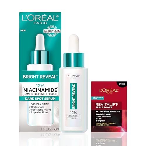 L'Oréal Paris Bright Reveal 12% Niacinamide + Amino Sulfonic + Ferulic Dark Spot Serum, 1 oz with Moisturizer Sample Avelisse