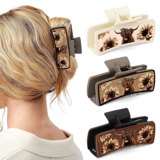 CiyvoLyeen Highland Cow Hair Claw Clips – 4 Inch Large Matte Leather Clips for Women, Floral Scottish Cow Design, 3 Pack Neutral Colors Avelisse