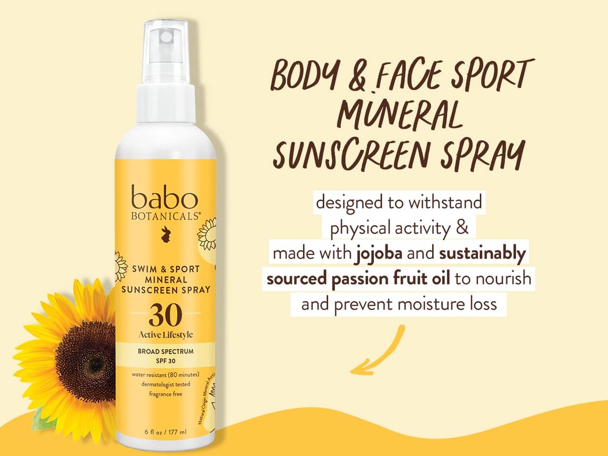 Babo Botanicals Swim & Sport Mineral Sunscreen Spray SPF 30 - Natural Zinc Oxide, Fragrance-Free, Water Resistant, For All Ages Avelisse