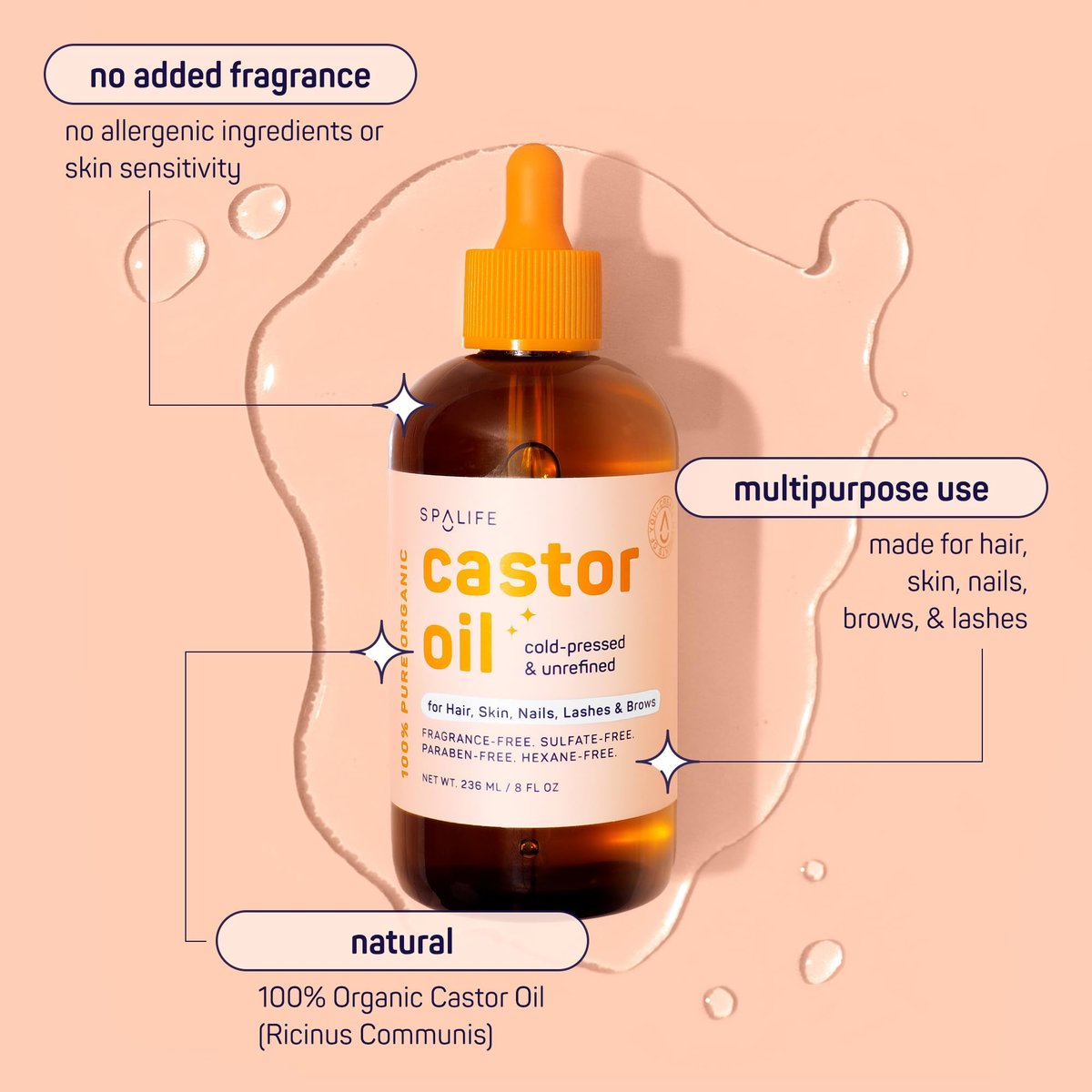 SpaLife Organic Cold Pressed Castor Oil – Hexane Free, for Face, Hair, Brows, Lashes & Nails, with 2 Brow Brushes, 2 Lash Applicators & Dropper, 8 FL OZ Avelisse