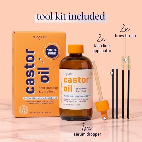 SpaLife Organic Cold Pressed Castor Oil – Hexane Free, for Face, Hair, Brows, Lashes & Nails, with 2 Brow Brushes, 2 Lash Applicators & Dropper, 8 FL OZ Avelisse
