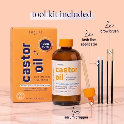 SpaLife Organic Cold Pressed Castor Oil – Hexane Free, for Face, Hair, Brows, Lashes & Nails, with 2 Brow Brushes, 2 Lash Applicators & Dropper, 8 FL OZ Avelisse