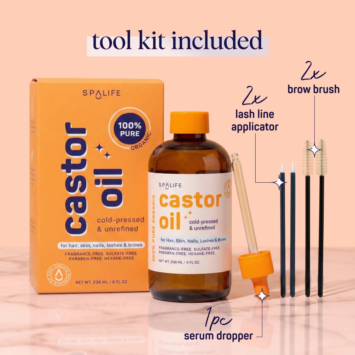 SpaLife Organic Cold Pressed Castor Oil – Hexane Free, for Face, Hair, Brows, Lashes & Nails, with 2 Brow Brushes, 2 Lash Applicators & Dropper, 8 FL OZ Avelisse