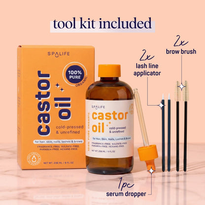 SpaLife Organic Cold Pressed Castor Oil – Hexane Free, for Face, Hair, Brows, Lashes & Nails, with 2 Brow Brushes, 2 Lash Applicators & Dropper, 8 FL OZ Avelisse