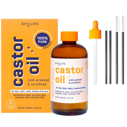 SpaLife Organic Cold Pressed Castor Oil – Hexane Free, for Face, Hair, Brows, Lashes & Nails, with 2 Brow Brushes, 2 Lash Applicators & Dropper, 8 FL OZ Avelisse