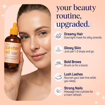 SpaLife Organic Cold Pressed Castor Oil – Hexane Free, for Face, Hair, Brows, Lashes & Nails, with 2 Brow Brushes, 2 Lash Applicators & Dropper, 8 FL OZ Avelisse