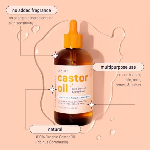 SpaLife Organic Cold Pressed Castor Oil – Hexane Free, for Face, Hair, Brows, Lashes & Nails, with 2 Brow Brushes, 2 Lash Applicators & Dropper, 8 FL OZ Avelisse