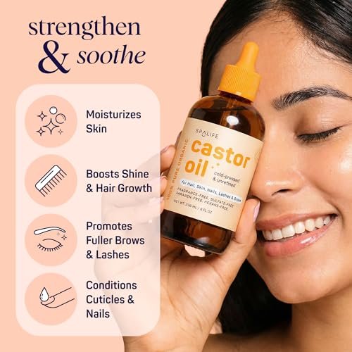 SpaLife Organic Cold Pressed Castor Oil – Hexane Free, for Face, Hair, Brows, Lashes & Nails, with 2 Brow Brushes, 2 Lash Applicators & Dropper, 8 FL OZ Avelisse