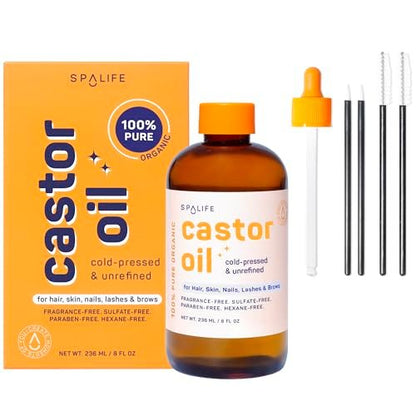 SpaLife Organic Cold Pressed Castor Oil – Hexane Free, for Face, Hair, Brows, Lashes & Nails, with 2 Brow Brushes, 2 Lash Applicators & Dropper, 8 FL OZ Avelisse