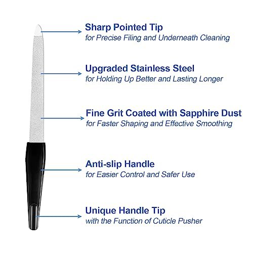 HomeyEra 6 Pack Metal Nail Files for Natural Nails – Stainless Steel 6 Inch Nail File with Sharp Pointed Tip & Non-Slip Handle – Sapphire Grit Sword Diamond Black - görsel 10